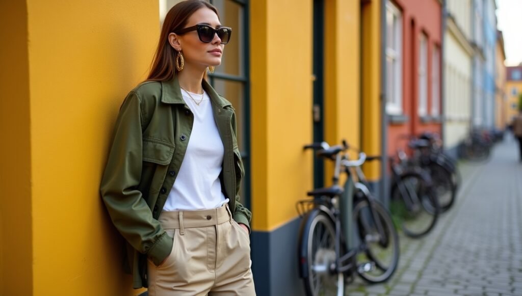 A woman in Copenhagen wearing an olive green utility jacket and cargo pants, showcasing a key Spring 2025 street style trend.